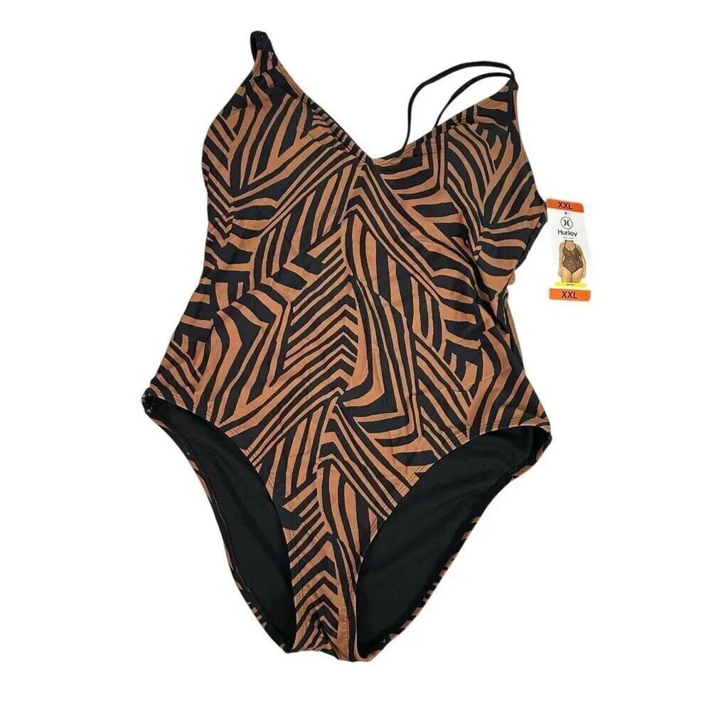 Hurley Women’s Animal Print One Piece size XXL Swim Suit Black Brown